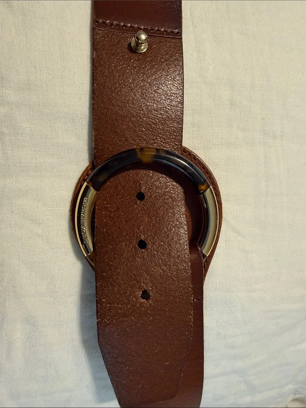 Michael Kors Brown Leather Belt with Gold and Tortoise Ring Buckle